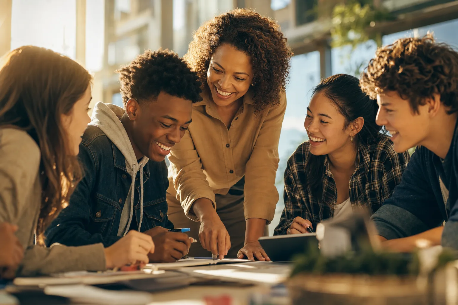 Young people aged 15 to 21 in a mentorship session, guided by a mentor in warm light